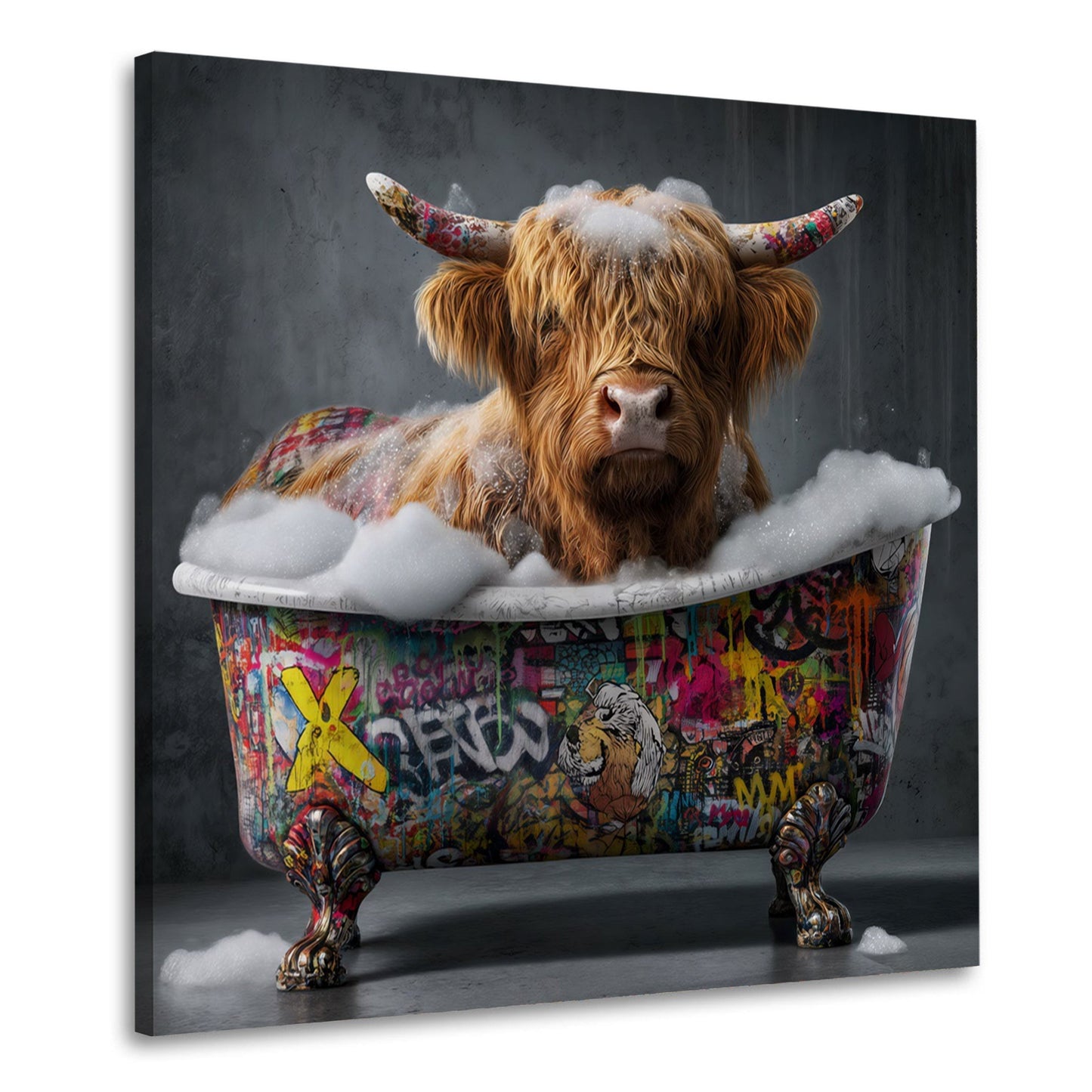 Highland Kuh im Schaumbad mit Graffiti Badewanne Wandbild