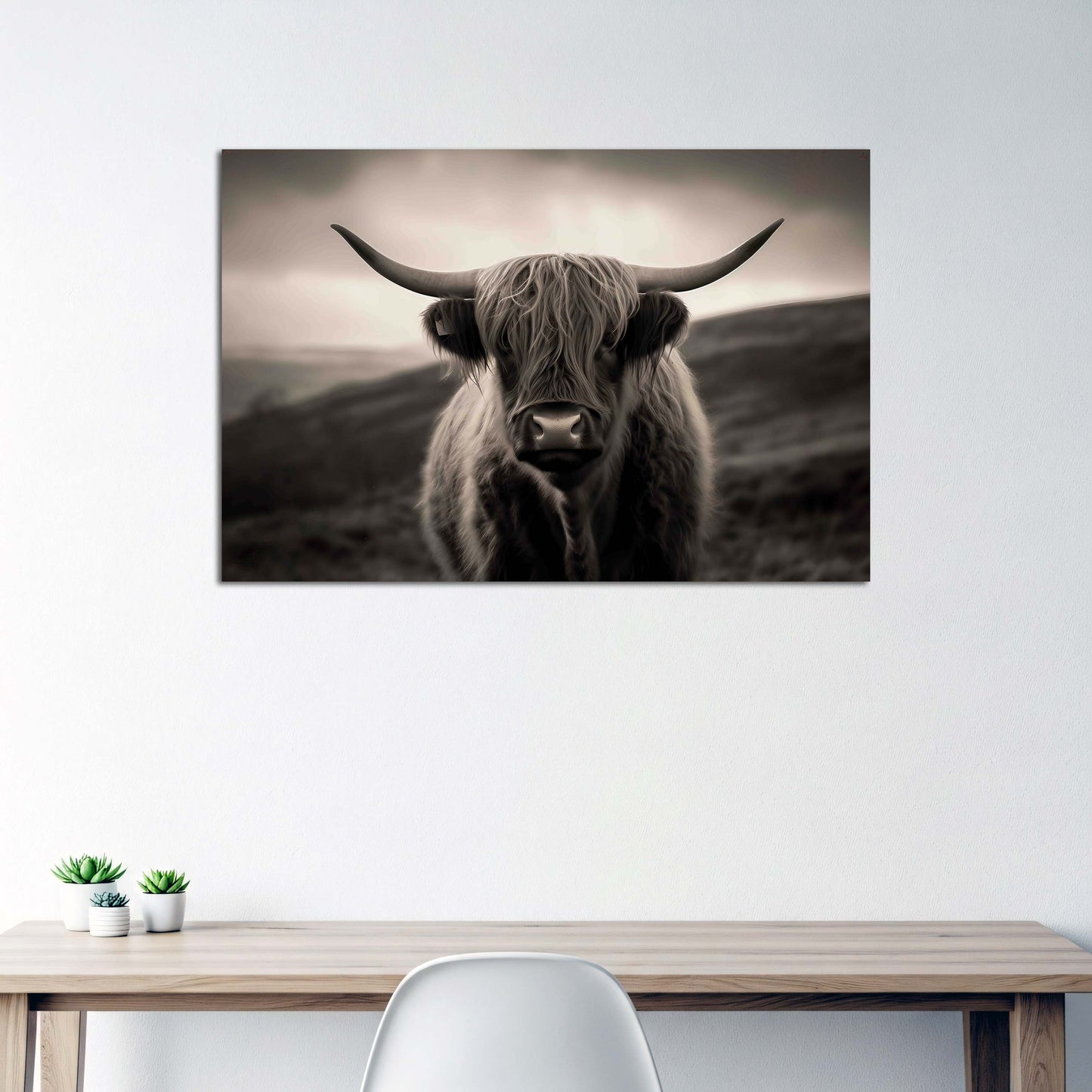 Highland Rind Porträt schwarz weiß Landschaft Natur Wandbild