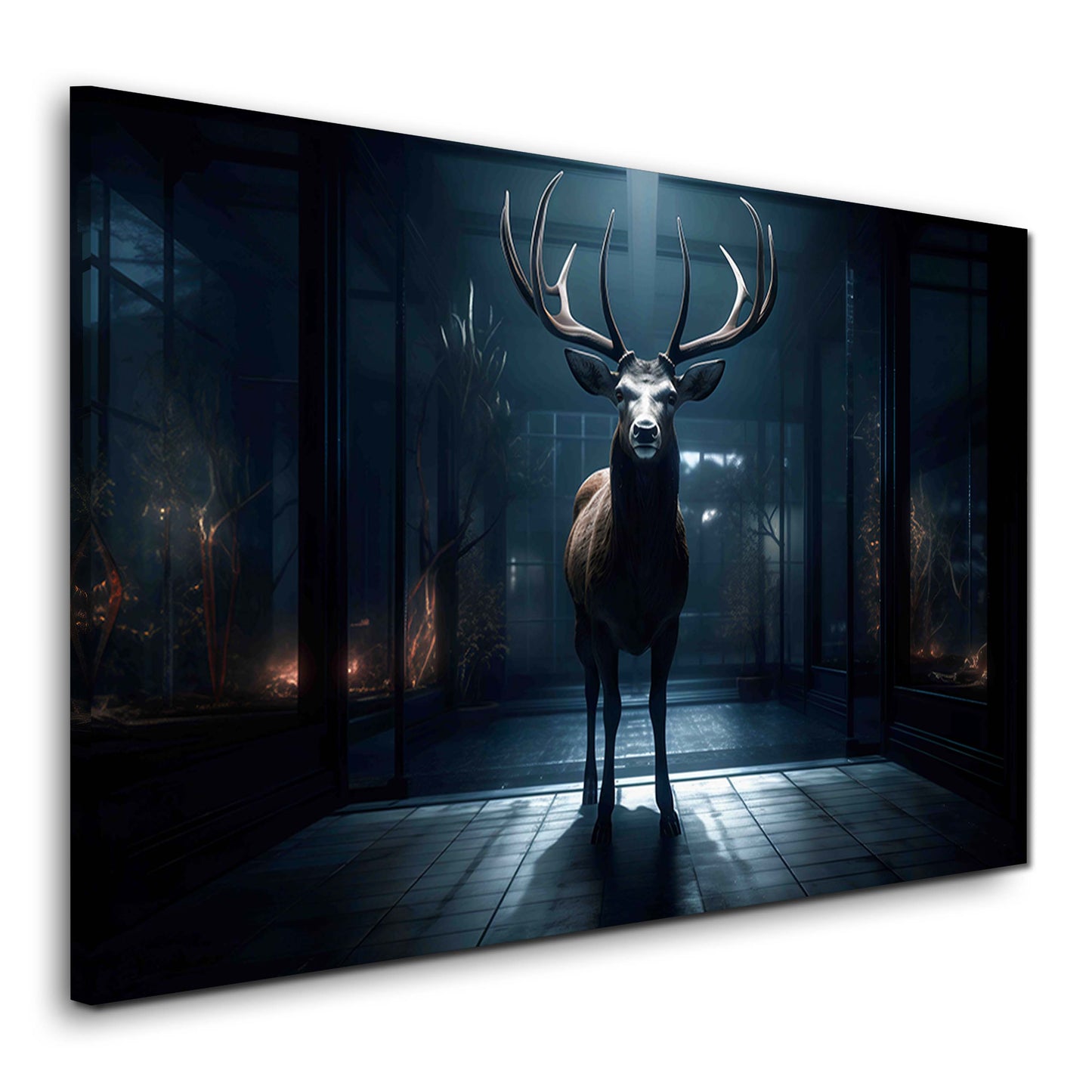 Hirsch Geweih Nacht Lichtstrahl Glas Architektur Wandbild