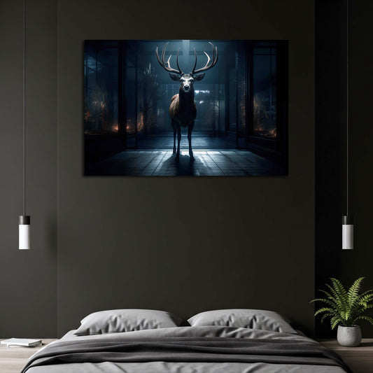 Hirsch Geweih Nacht Lichtstrahl Glas Architektur Wandbild