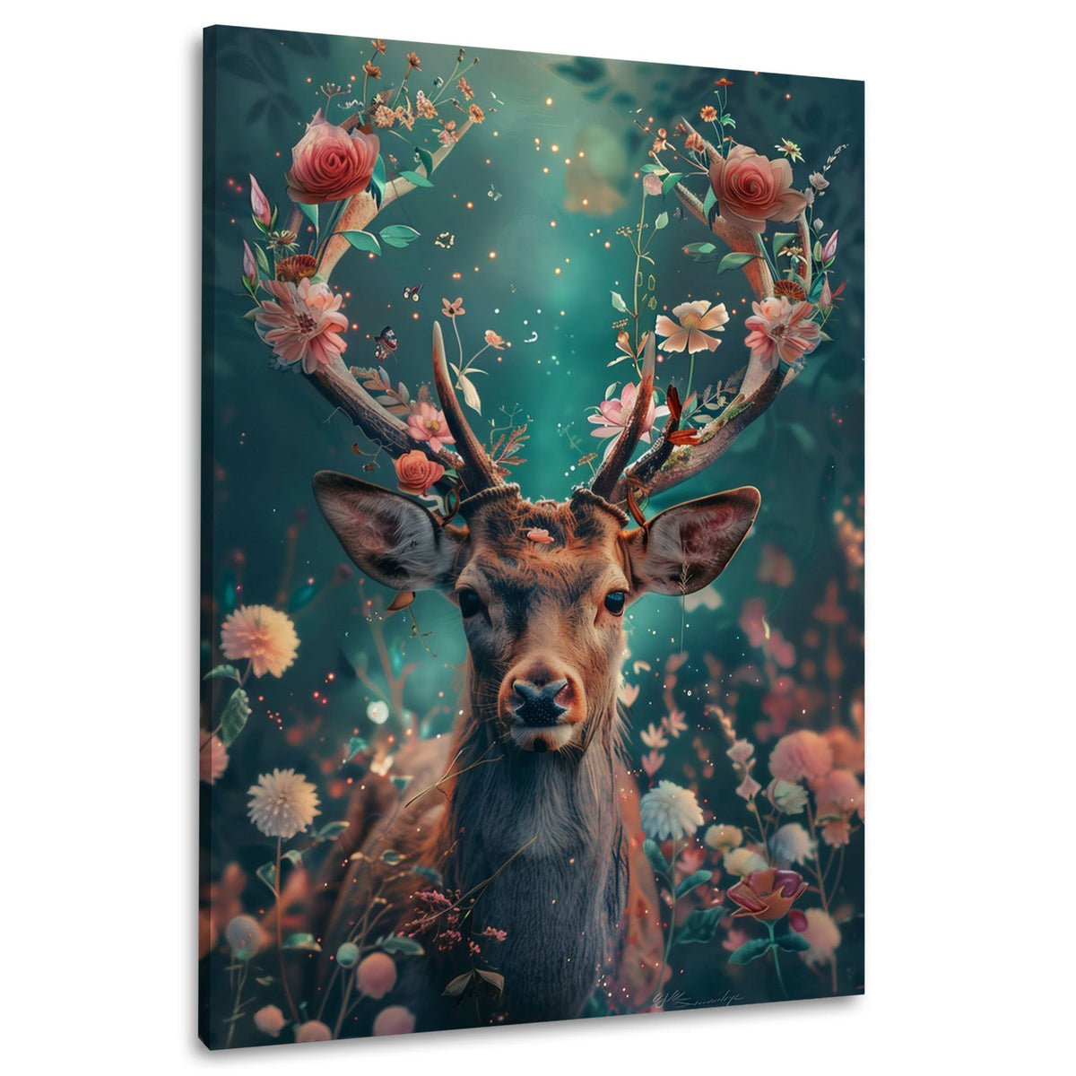 Hirsch im Blumenwald mit Rosen Wandbild im Hochformat