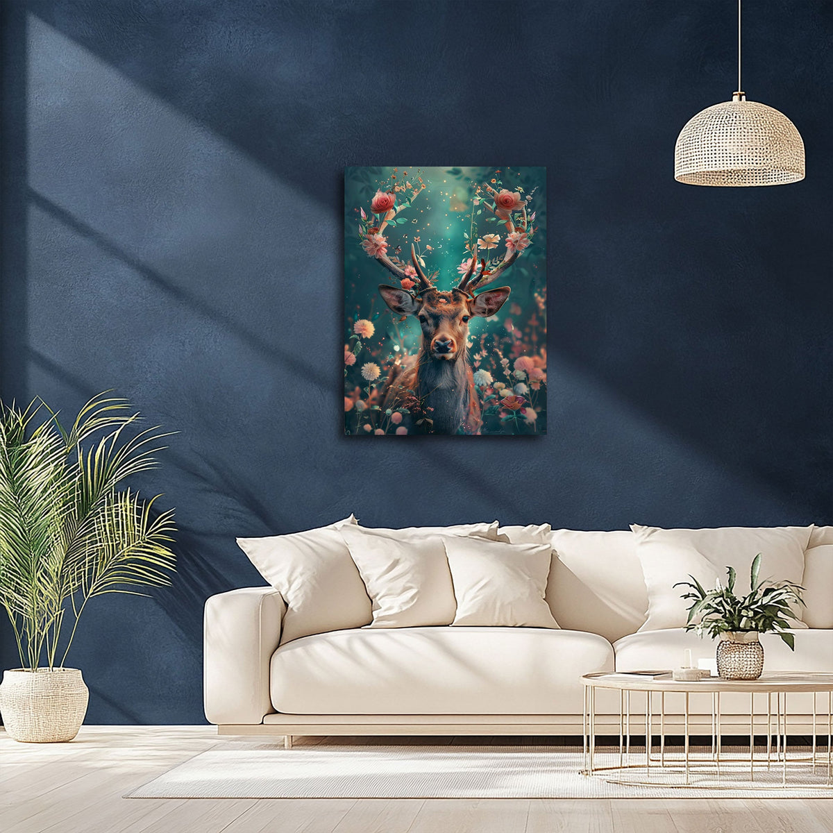 Hirsch Wandbild über einem Sofa im Wohnraum