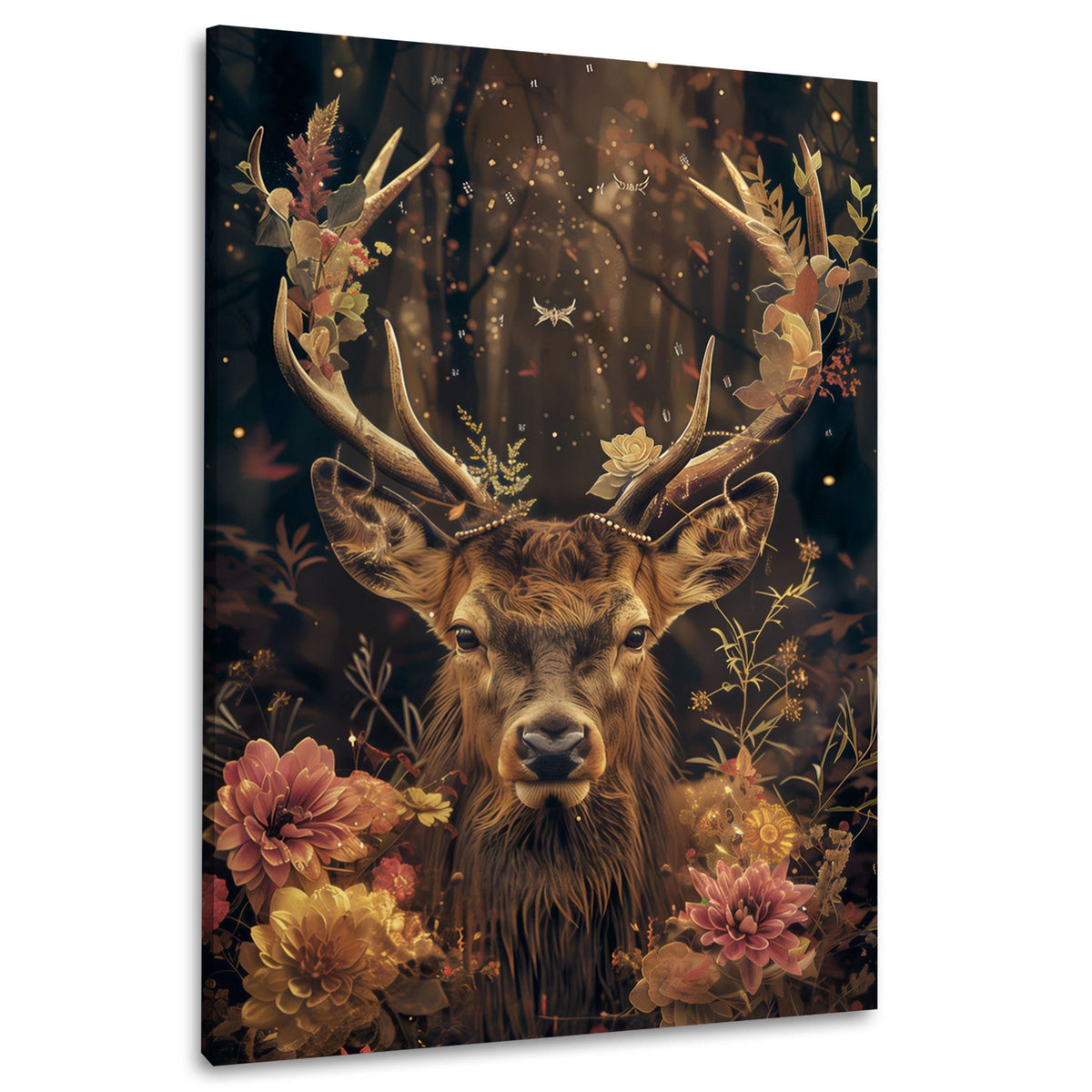 Hirsch mit Blüten im goldenen Herbstwald Wandbild im Hochformat