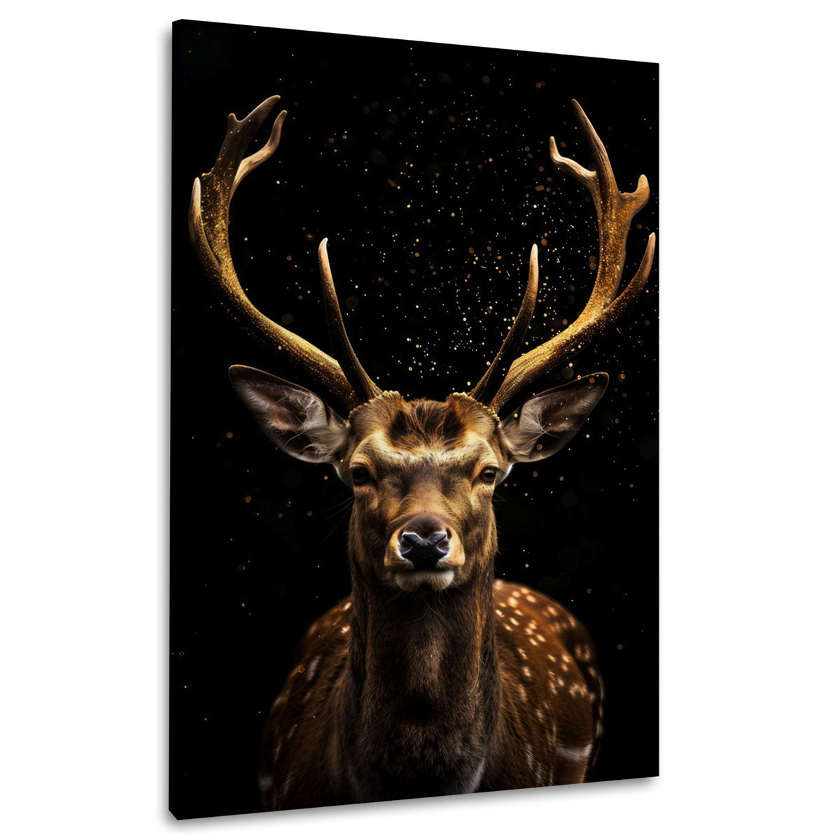 Hirsch mit goldenem Geweih auf Schwarz Wandbild im Hochformat