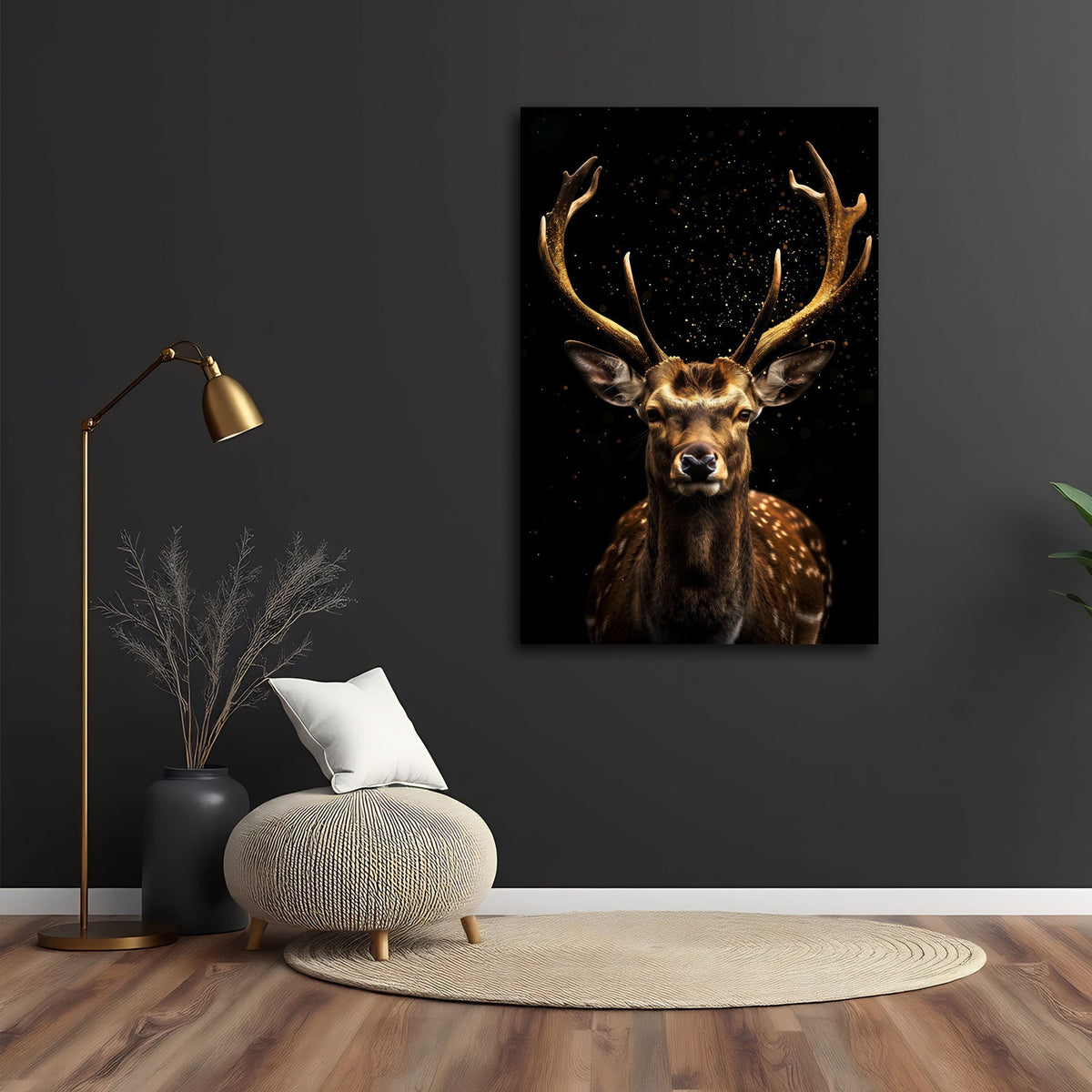 Hirsch Wandbild über einem Sofa im Wohnraum