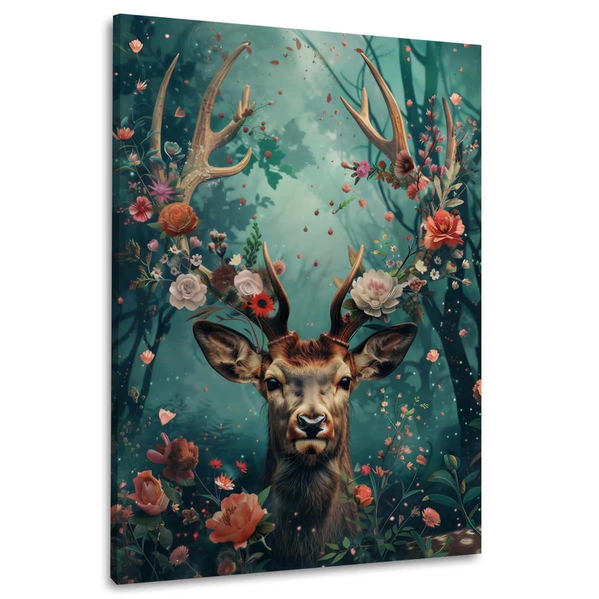 Hirsch zwischen Blüten und Bäumen Wandbild im Hochformat