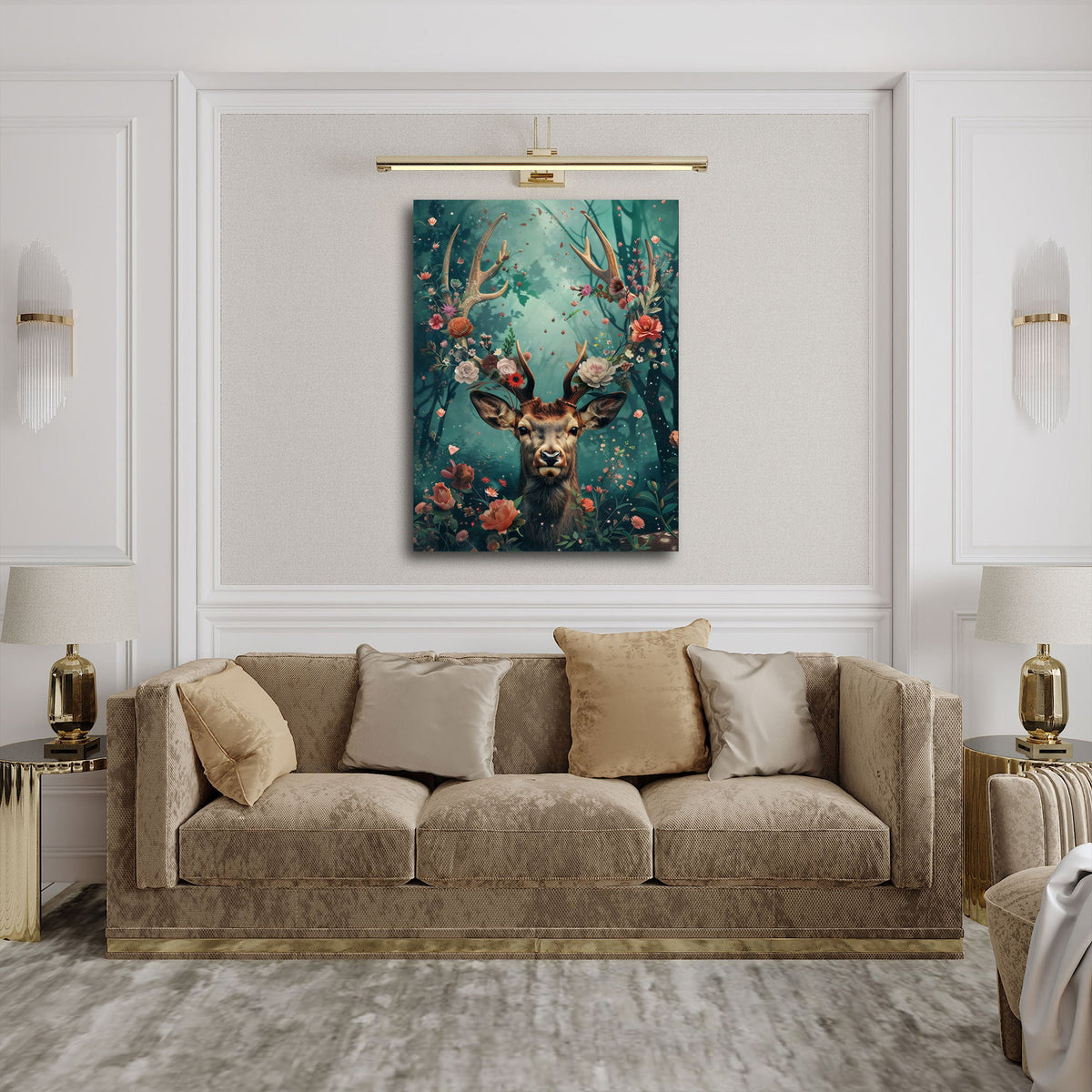 Hirsch Wandbild über einem Sofa im Wohnraum