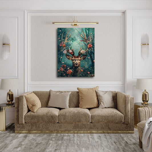 Hirsch Wandbild über einem Sofa im Wohnraum