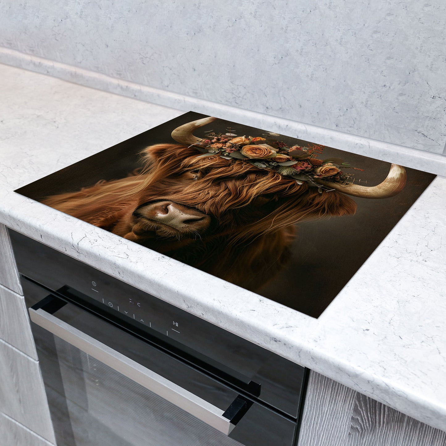 Hochlandkuh mit Blumenkrone Herdabdeckplatte Induktionsschutz für Ceranfeld & Küche Deko