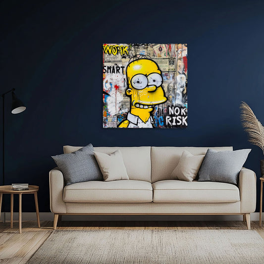 Gelbe Comicfigur mit Work Smart No Risk Schriftzug Wandbild