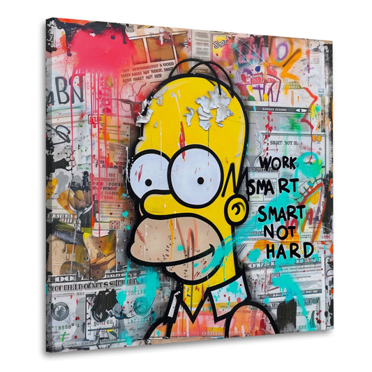 Gelbe Comicfigur mit Work Smart Schriftzug Graffiti Wandbild