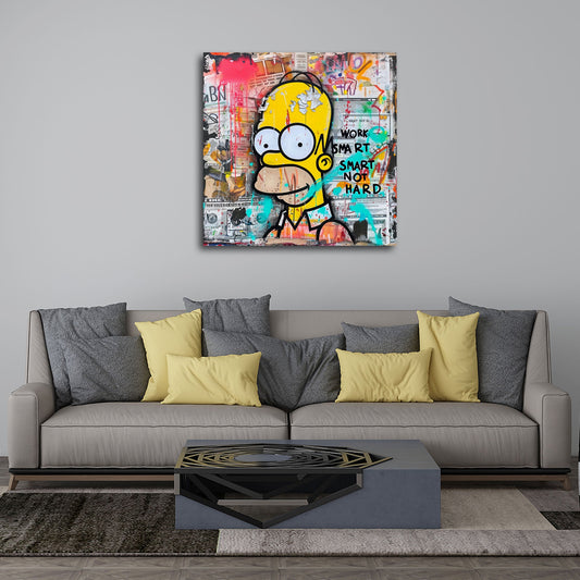 Gelbe Comicfigur mit Work Smart Schriftzug Graffiti Wandbild