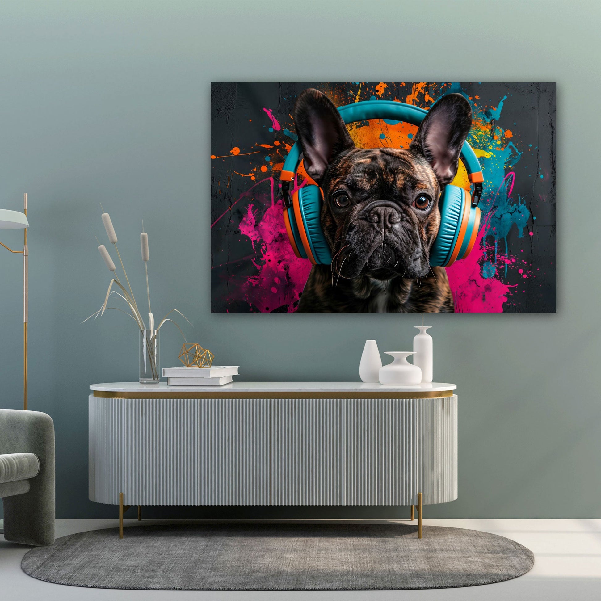 Hund mit Headphones im Street-Art-Stil in Pastelltönen Wandbild