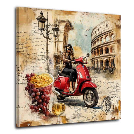 Italien Rom Vespa Frau vor Kolosseum Vintage Collage Wandbild