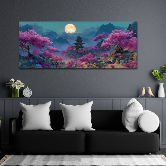 Japanische Landschaft Kirschblueten und Vollmond Wandbild