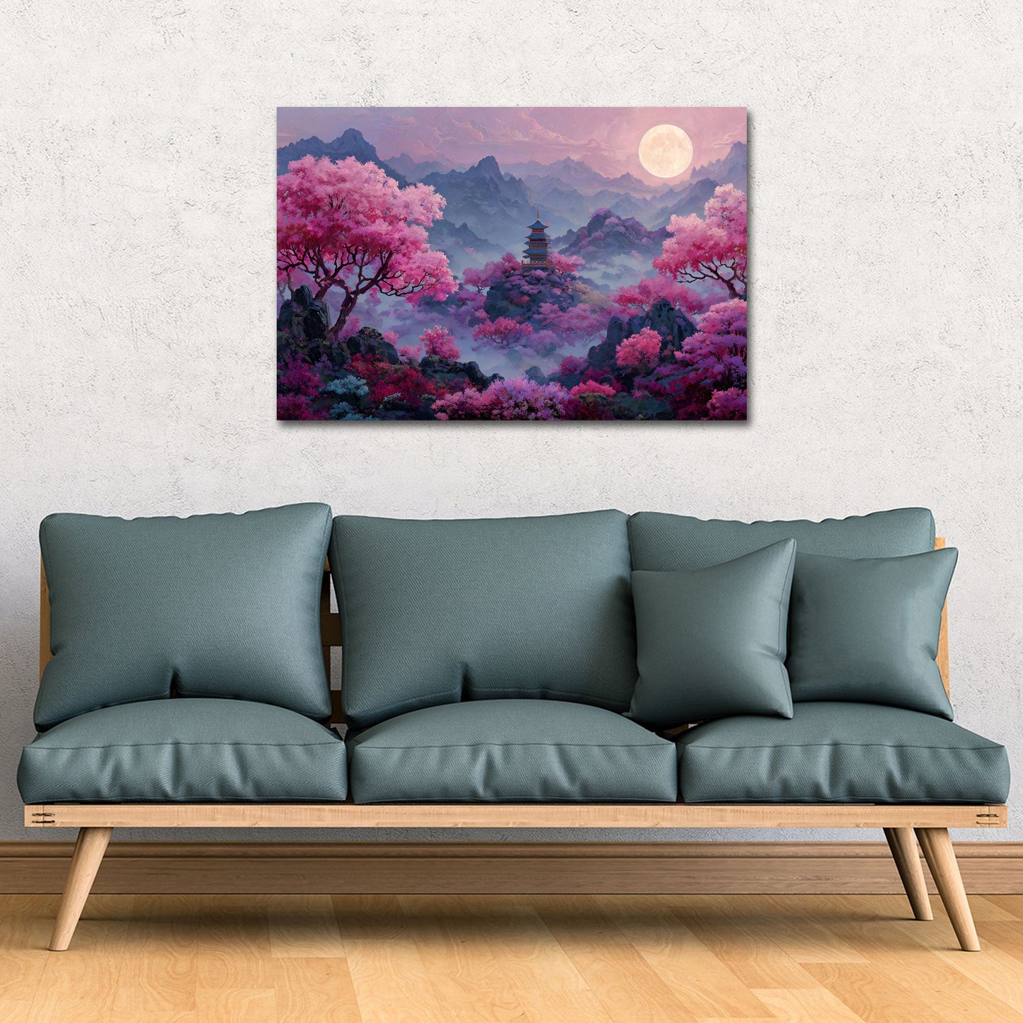 Japanische Pagode mit Kirschblueten und Vollmond Wandbild