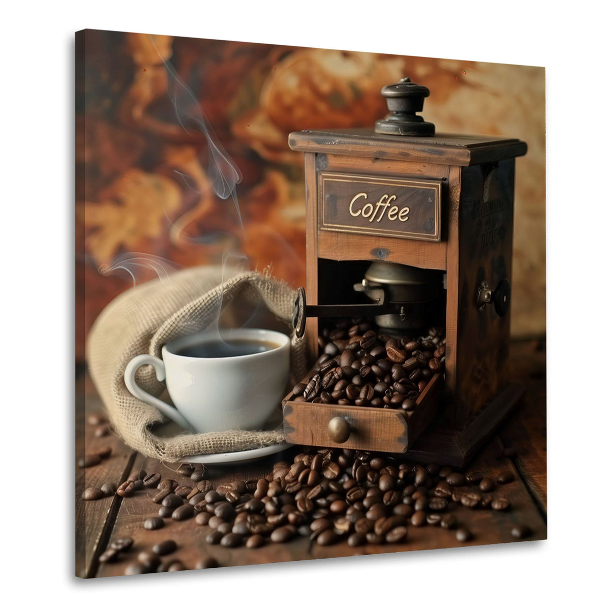 Kaffeemühle mit Tasse und Jutesack Wandbild quadratisch