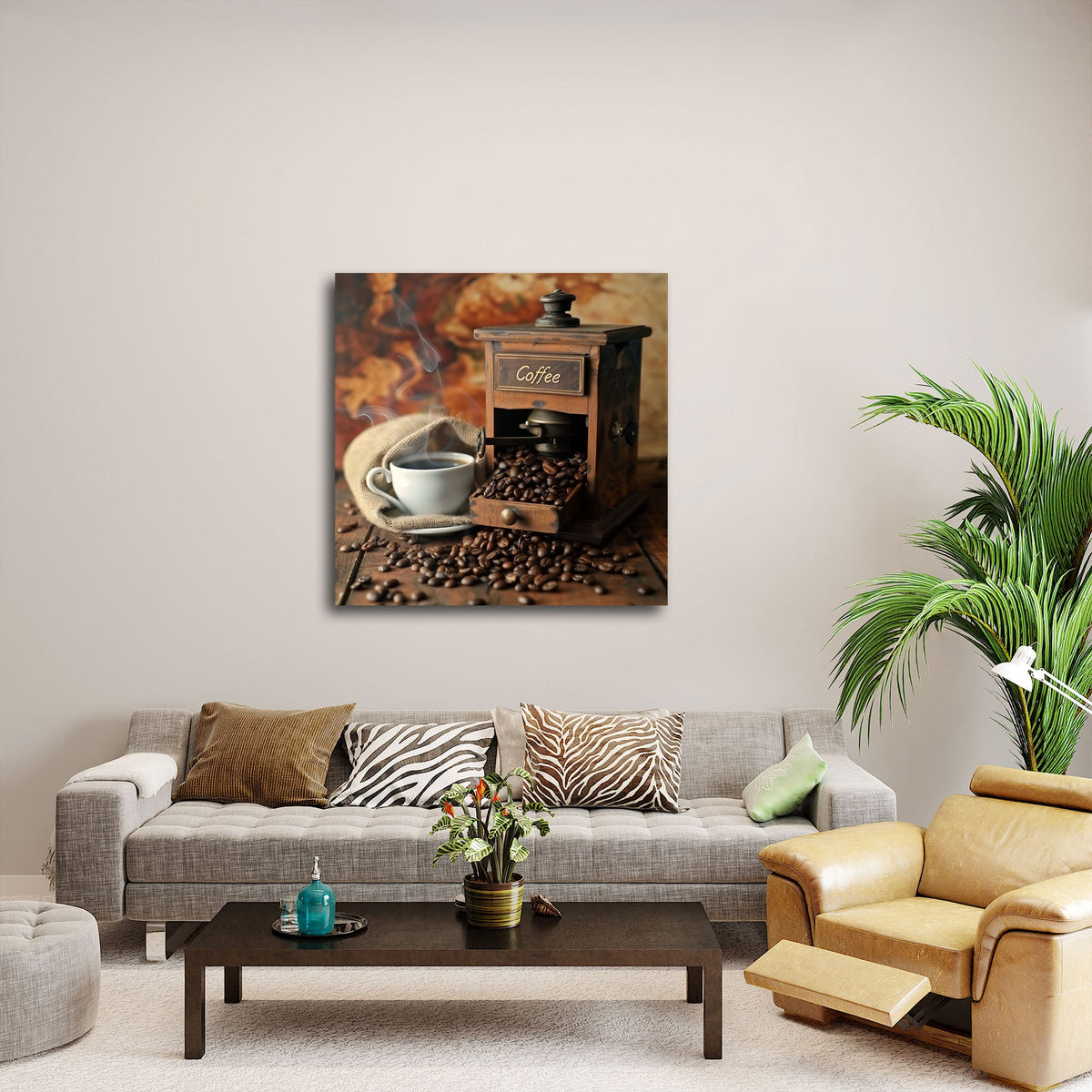 Kaffee Wandbild über einem Sofa im Wohnraum