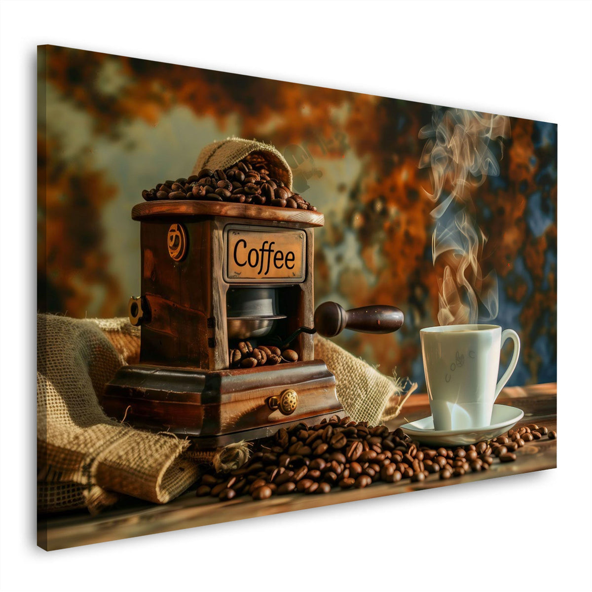 Kaffeemühle mit Tasse und Bohnen Wandbild im Querformat