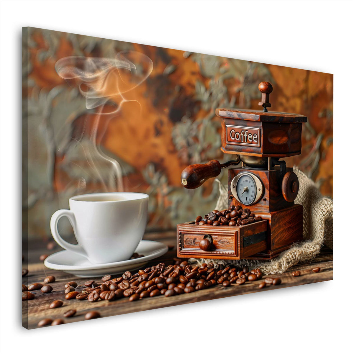 Kaffeemühle und Tasse mit frischen Bohnen Wandbild im Querformat