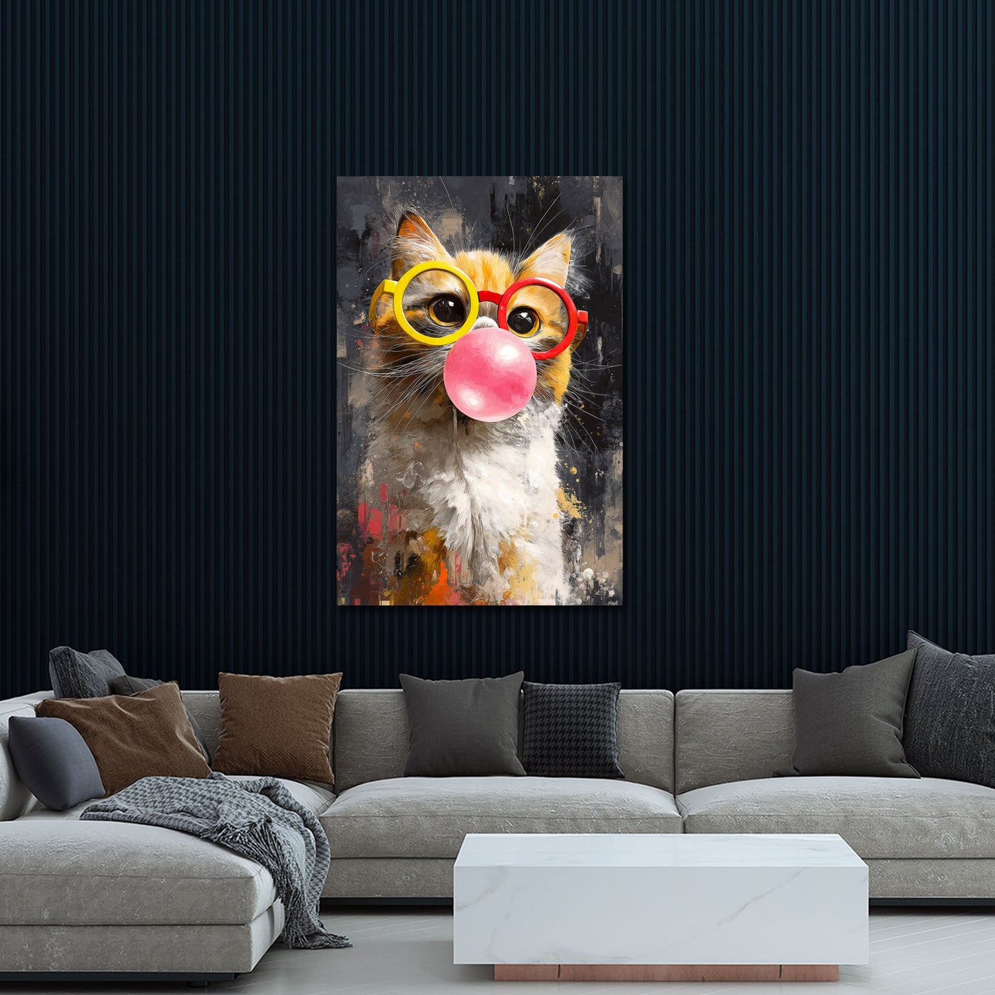 Katze Brille Kaugummi Pop Art Tierporträt Wandbild