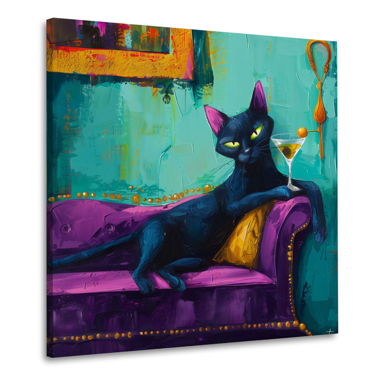 Katze im Loungesessel mit Cocktail Wandbild quadratisch