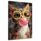 Katze mit Brille und Kaugummiblase Pop Art Wandbild