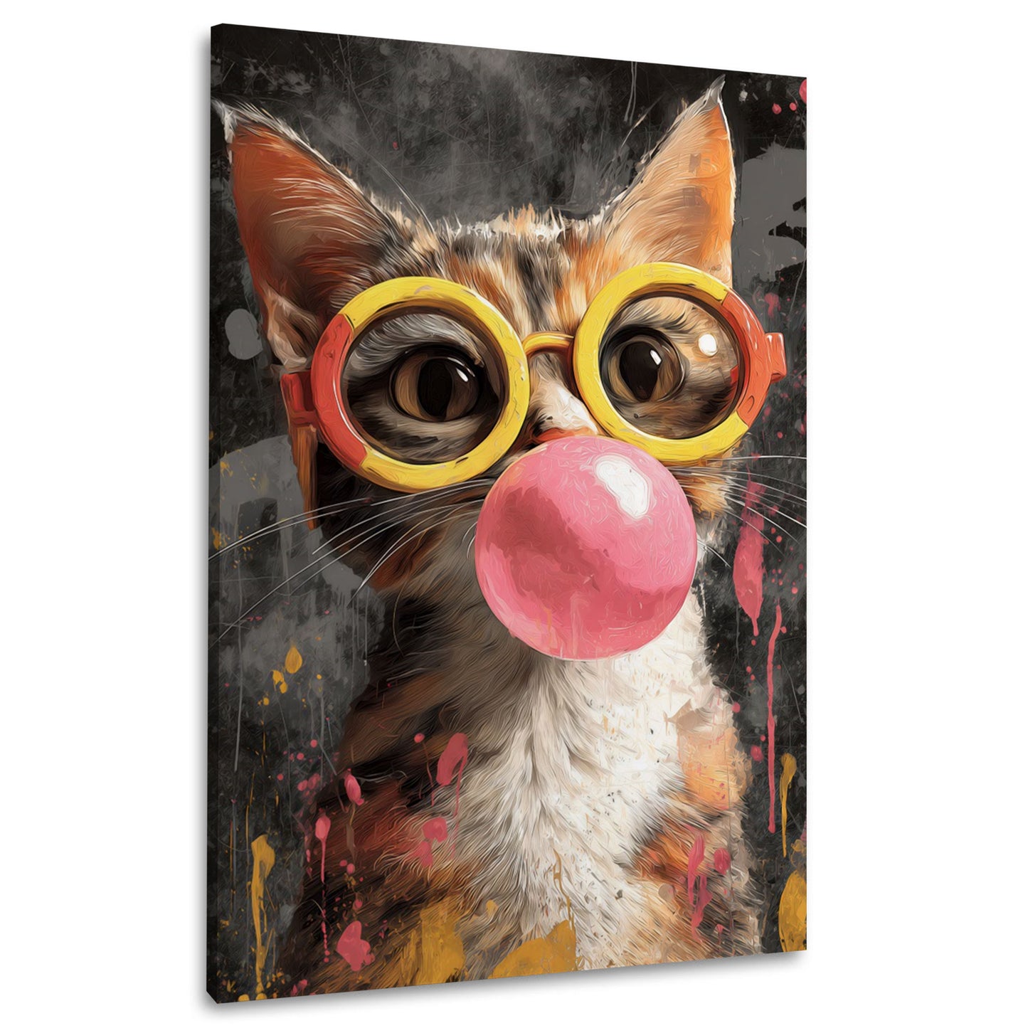 Katze mit Brille und Kaugummiblase Pop Art Wandbild