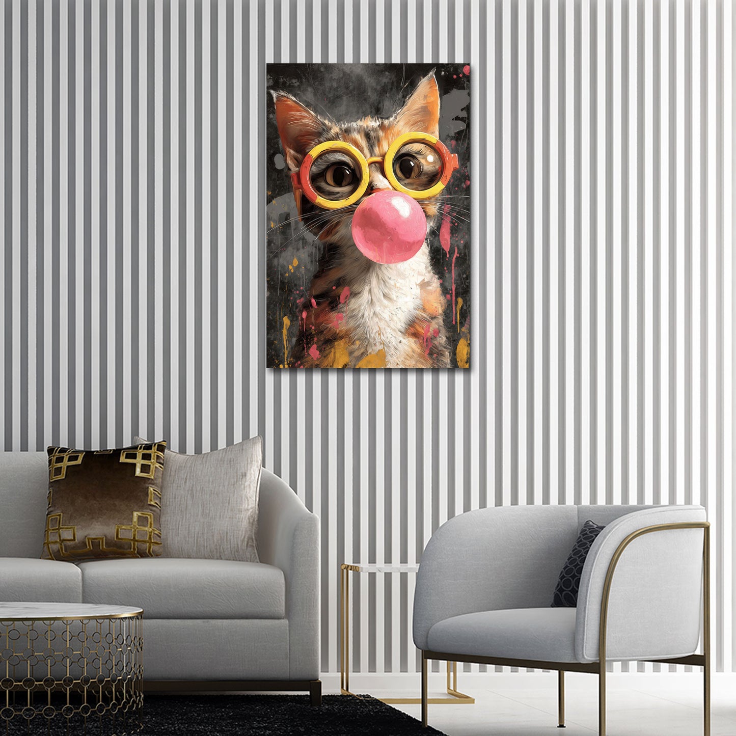 Katze mit Brille und Kaugummiblase Pop Art Wandbild