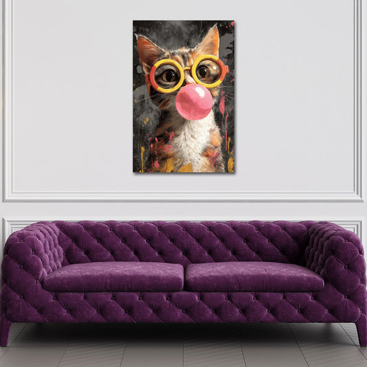 Katze mit Brille und Kaugummiblase Pop Art Wandbild