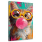 Katze mit gelber Brille und Kaugummi Pop Art Wandbild