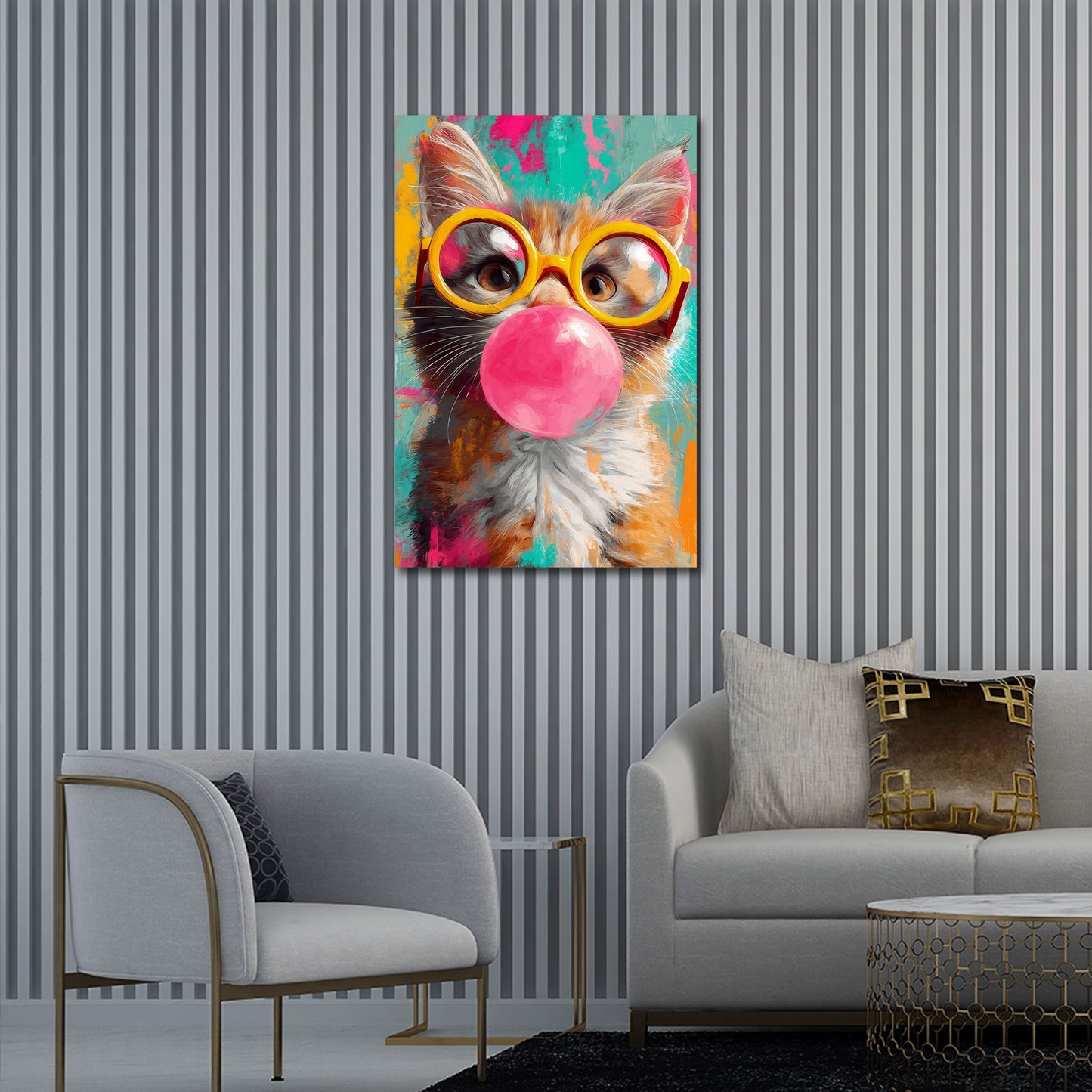 Katze mit gelber Brille und Kaugummi Pop Art Wandbild