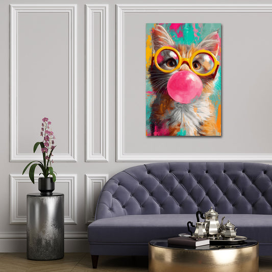 Katze mit gelber Brille und Kaugummi Pop Art Wandbild