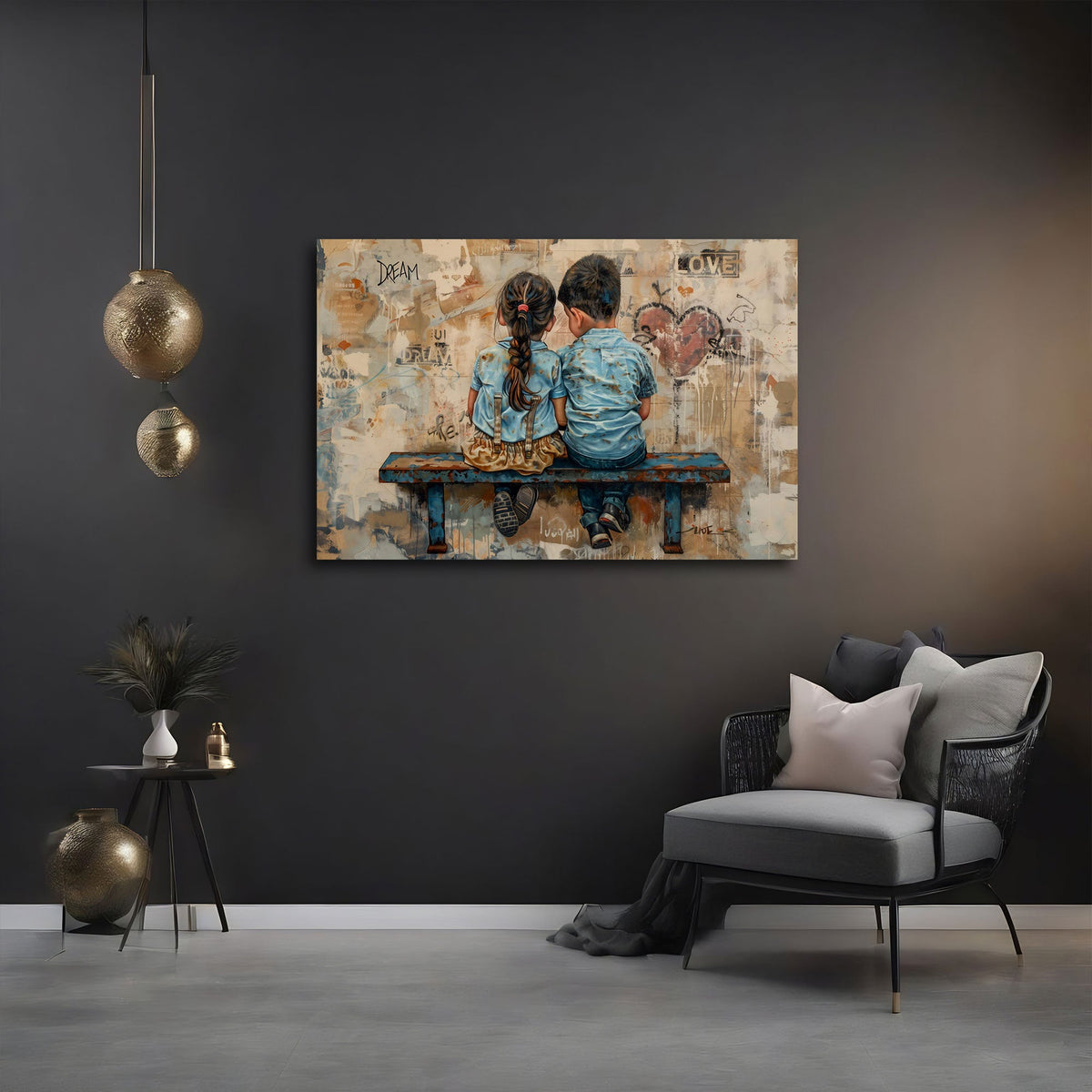 Kinderfreundschaft auf Bank vor Vintage Wand Wandbild