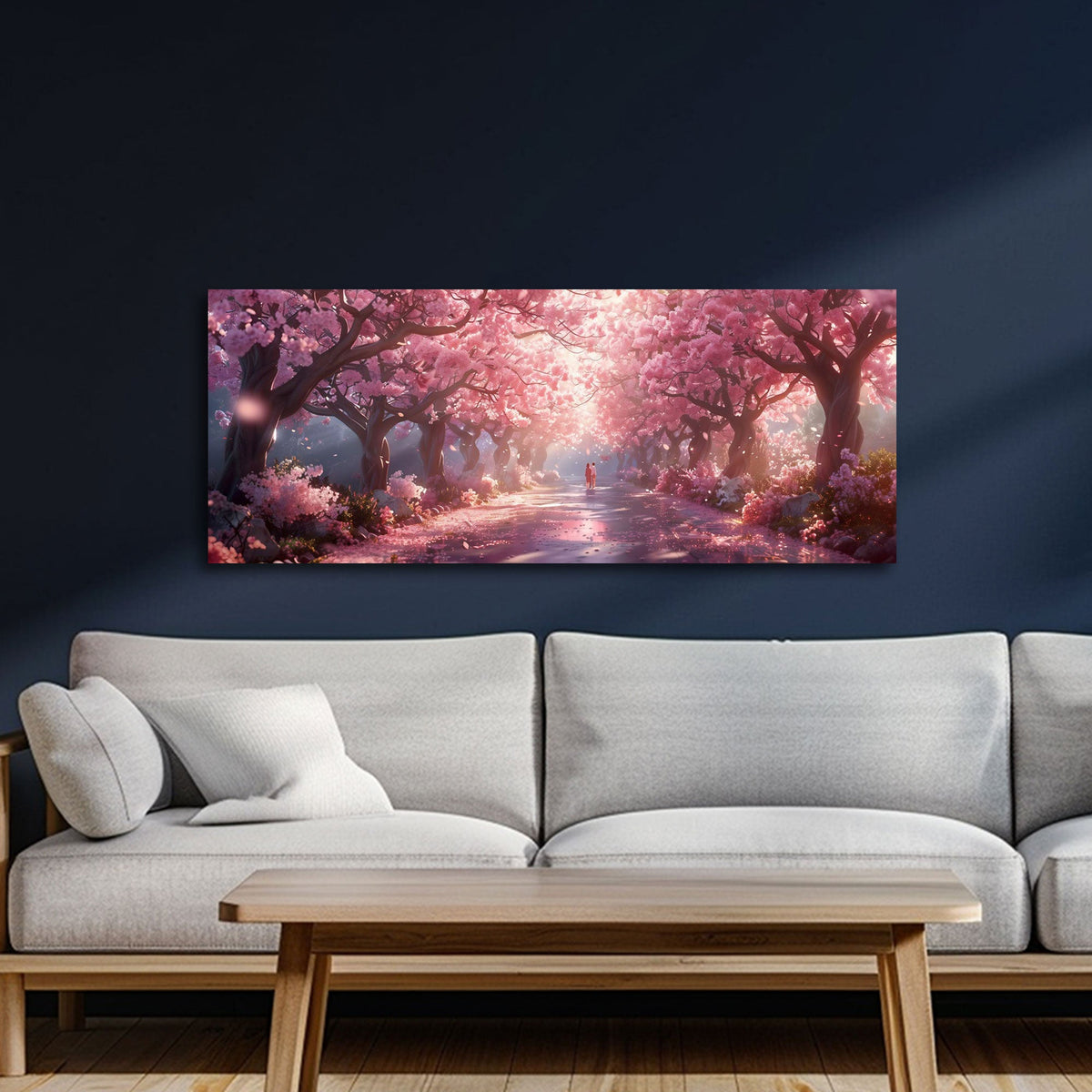 Kirschblüten Panorama Wandbild über einem Sofa im Wohnraum