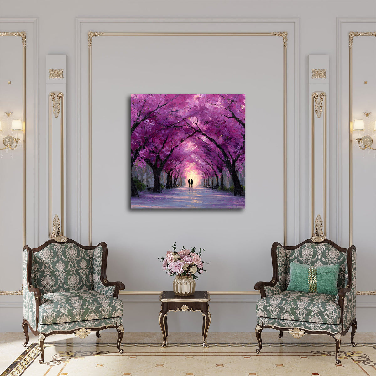 Kirschblüten Wandbild über einem Sofa im Wohnraum