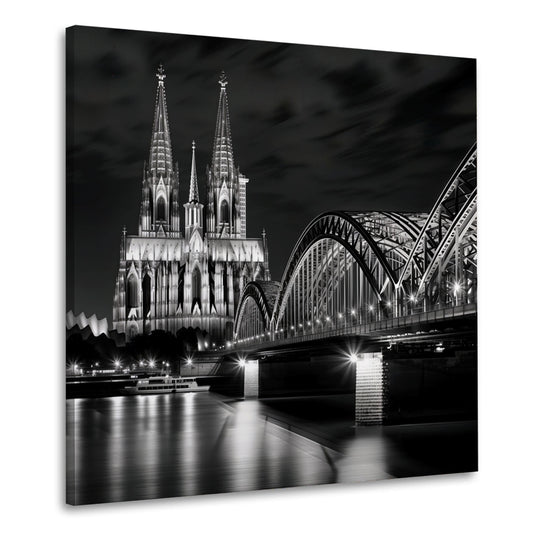 Kölner Dom und Brücke in Schwarz-Weiß bei Nacht Wandbild