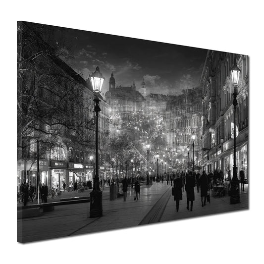 Königstraße Stuttgart Abendlichter Altstadt schwarz weiß Wandbild