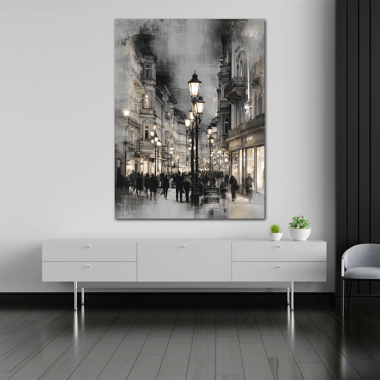 Königstraße Stuttgart Altstadt Flair Laternen schwarz weiß Wandbild