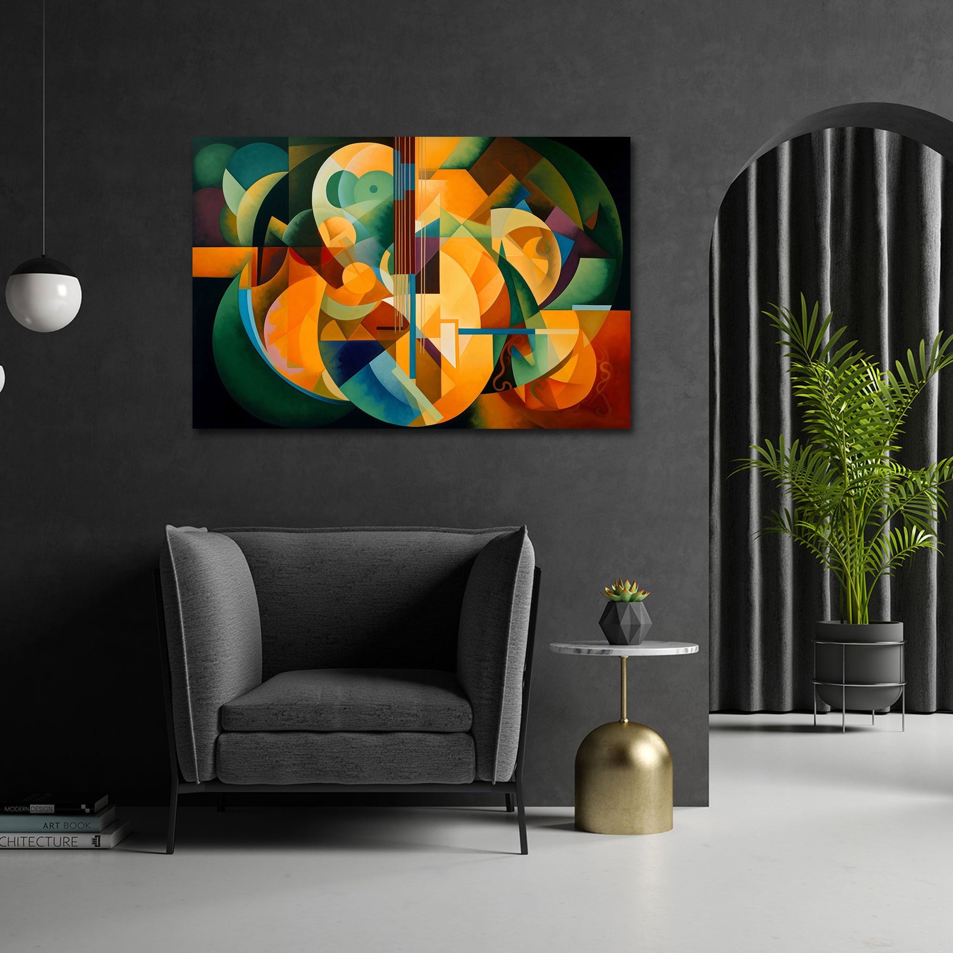 Kubistische Gitarre in Orange und Gruen Wandbild