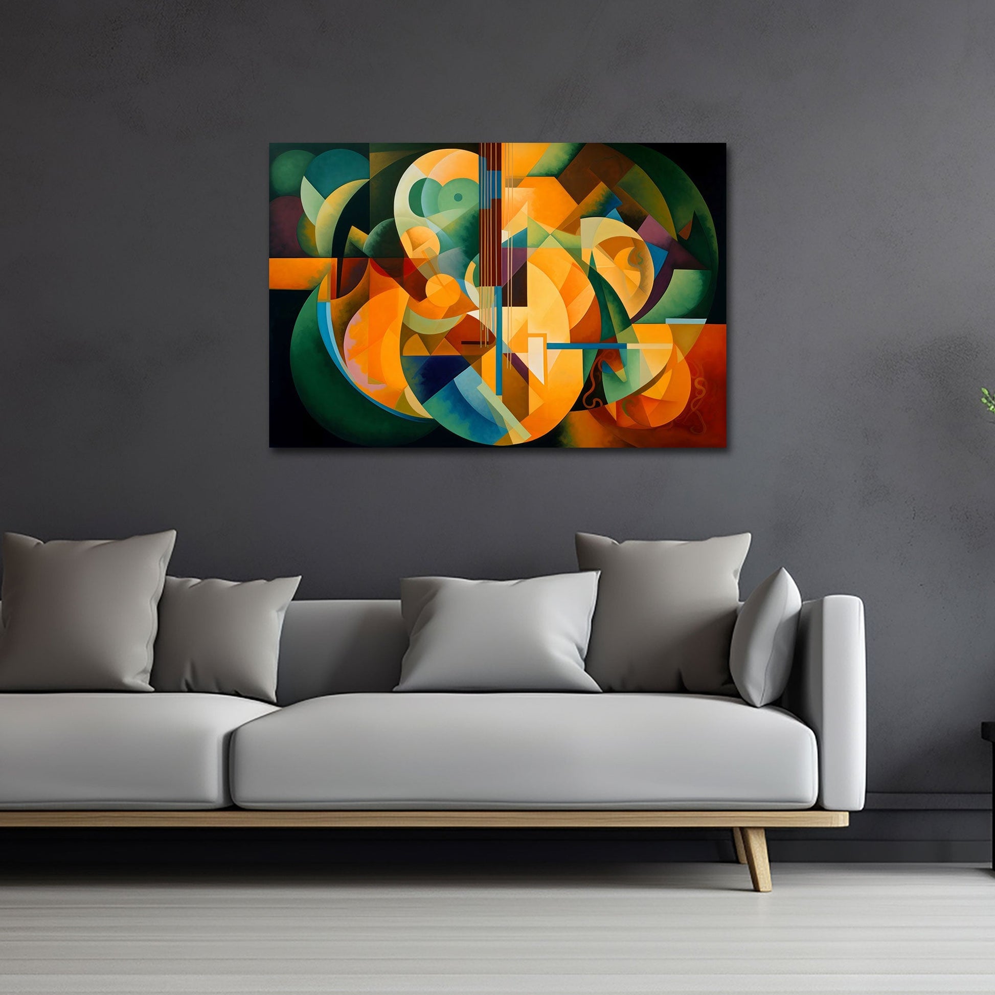 Kubistische Gitarre in Orange und Gruen Wandbild
