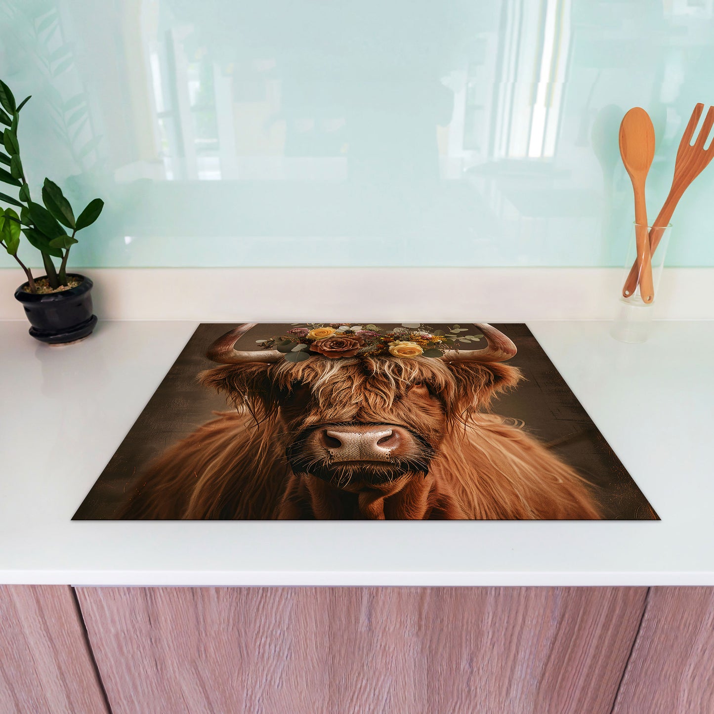Kuh mit Blumenkranz Herdabdeckplatte Induktionsschutz für Ceranfeld & Küche Deko