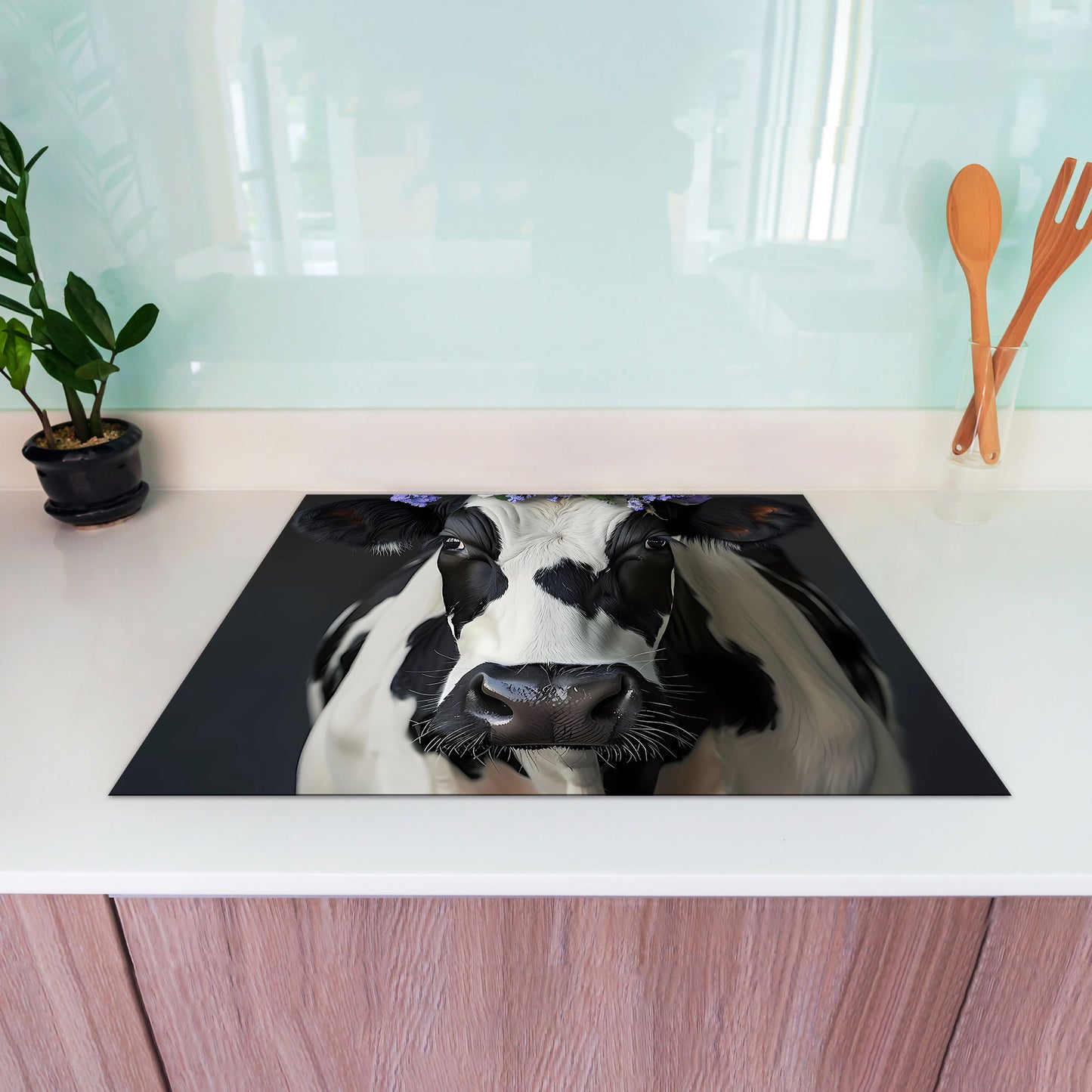 Kuh mit floraler Krone Herdabdeckplatte Induktionsschutz für Ceranfeld & Küche Deko