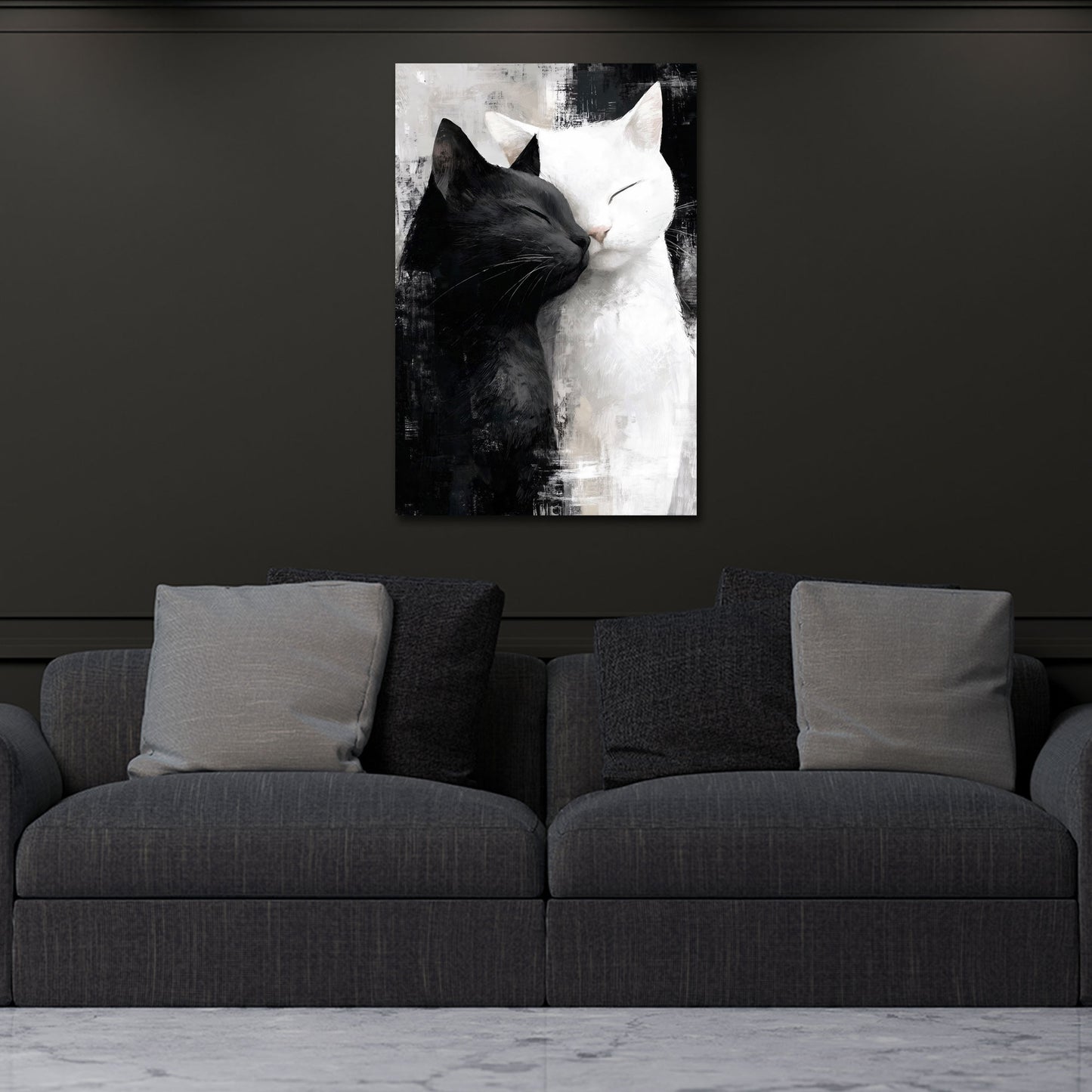 Kuschelnde Katzen schwarz weiß Wandbild