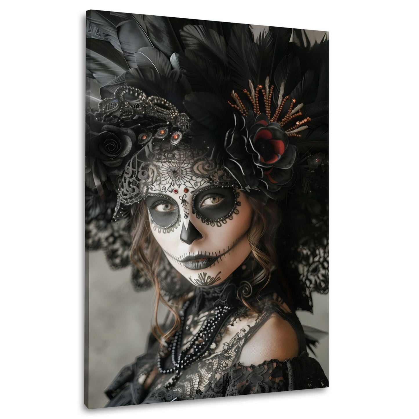 La Catrina Porträt in schwarz-weiß mit Federschmuck Wandbild