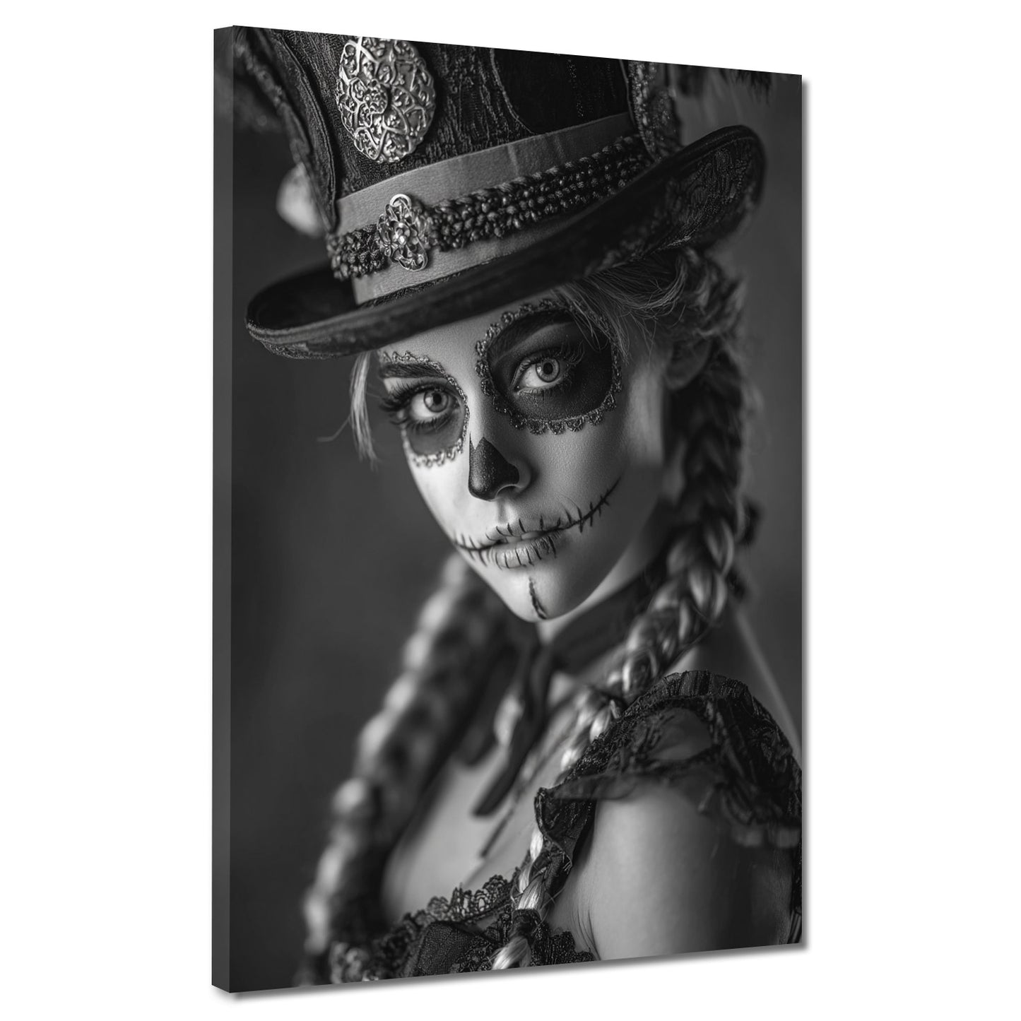 La Catrina schwarz weiß Porträt mit Hut Wandbild