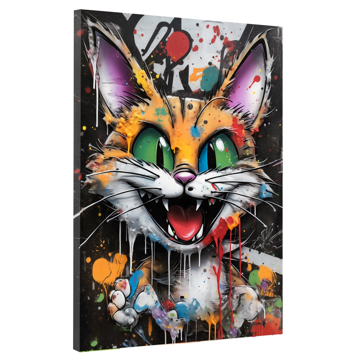 Lachende Katze im bunten Graffiti Street Art Stil Wandbild im Hochformat auf Leinwand