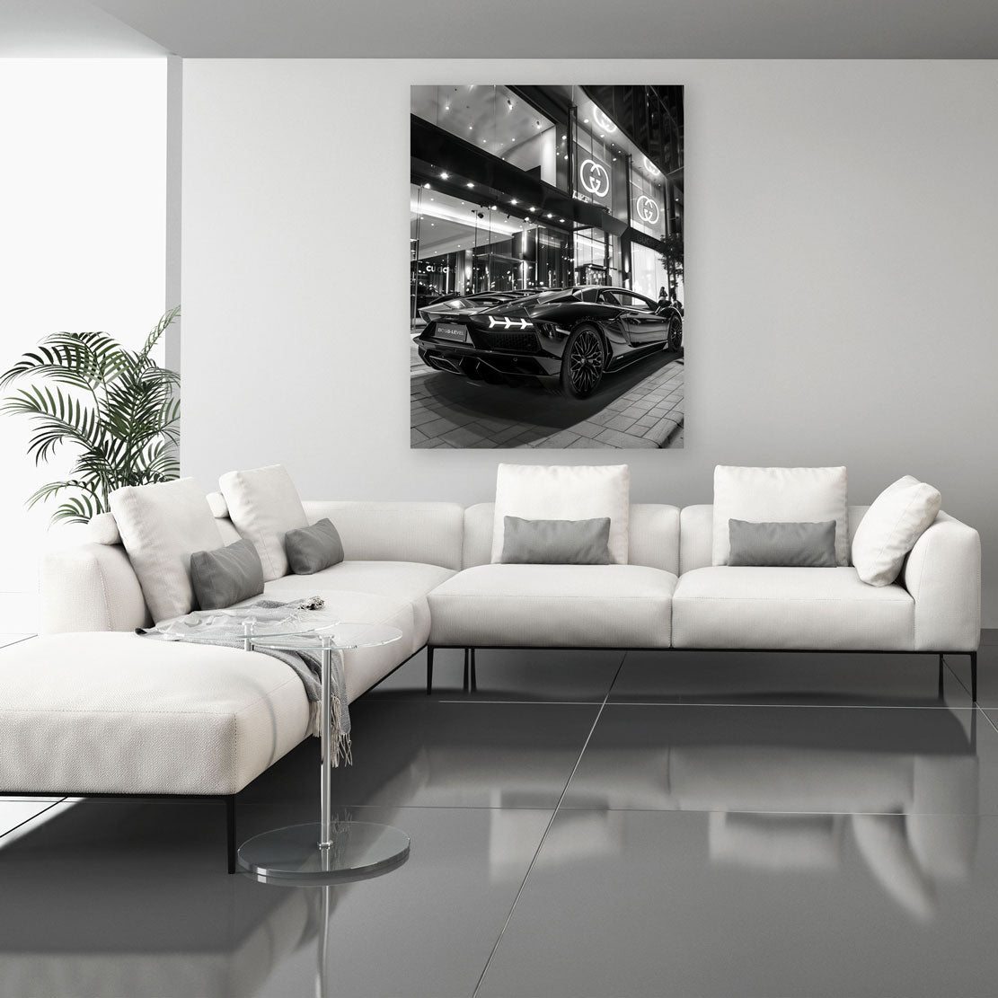 Lamborghini Sportwagen schwarz weiß Luxus Store Wandbild