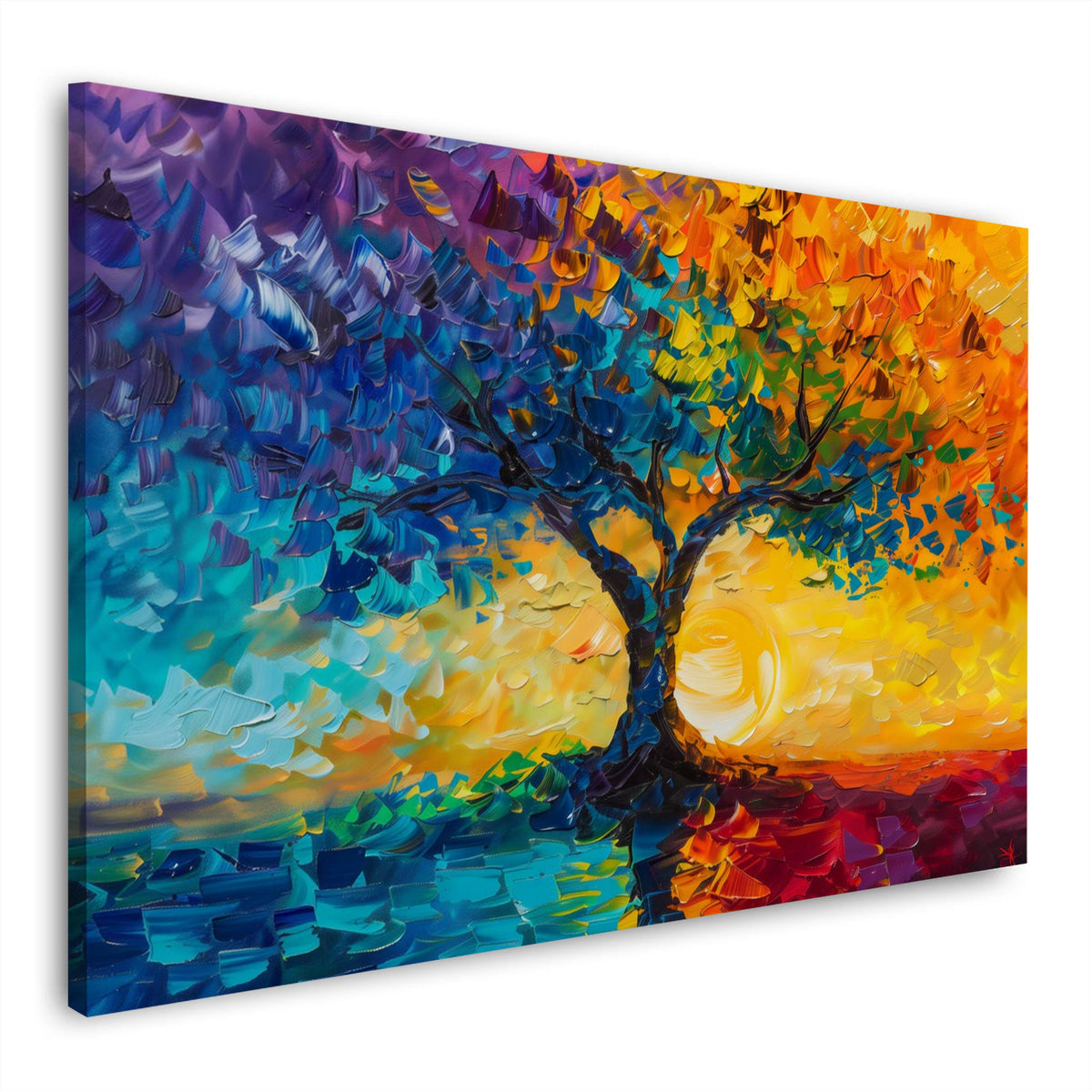 Lebensbaum in Blau und Orange expressiv Wandbild im Querformat