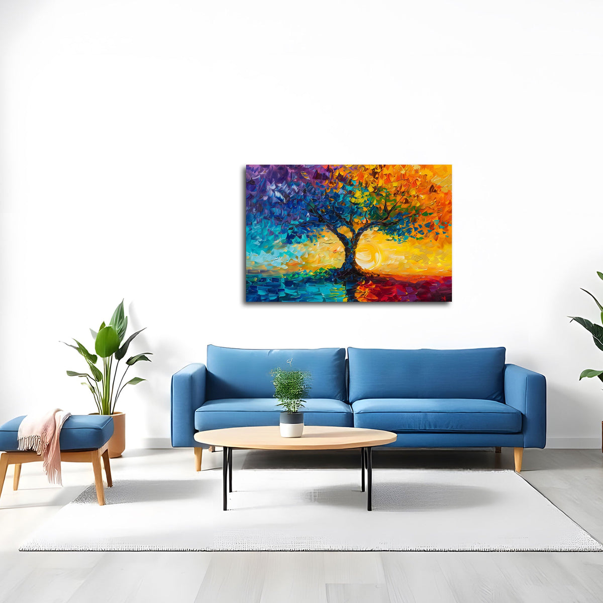 Buntes Baum Wandbild im Querformat an einer Wohnraumwand